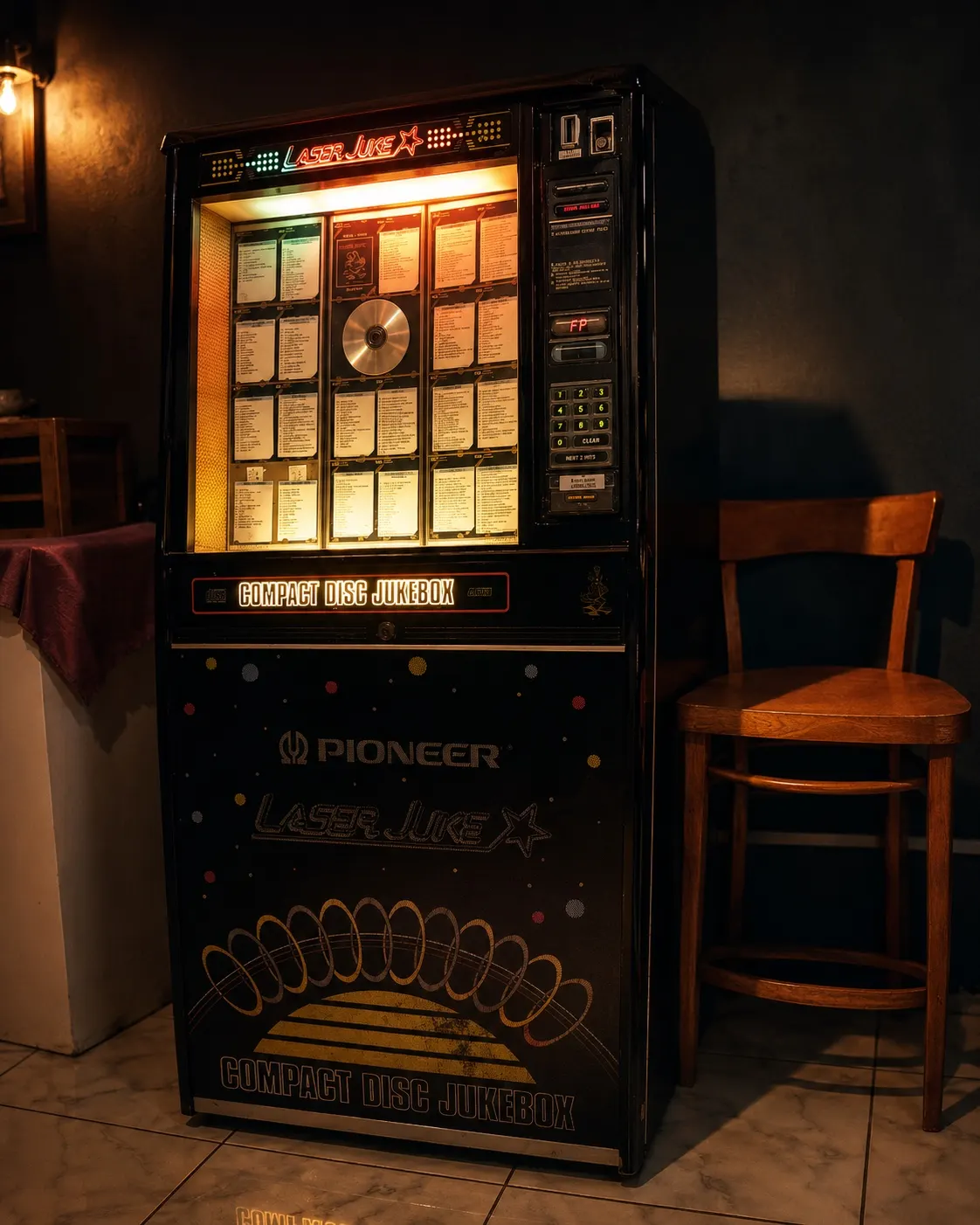 Un jukebox Pioneer Laser Juke allumé dans la salle, à côté d'une chaise en bois.
