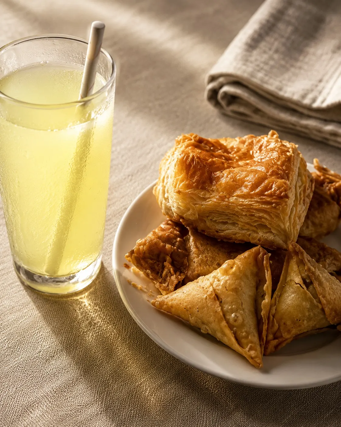 Assiette de feuilletés et de samboussas dorés, avec un grand verre de jus de fruits frais.